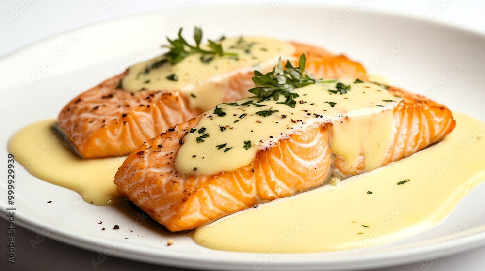 Canvas Prints A plate of salmon with a creamy sauce.