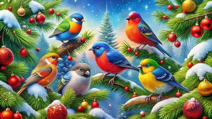 Fototapeta premium Colorful Birds Celebrating the Joy of Christmas Amidst Snowy Pine Branches and Holiday Decorations