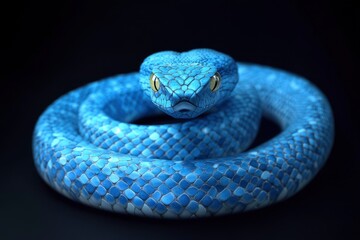 Obraz premium 3D Illustration of Blue insularis viper venomous snake isolated in dark black background .generative ai