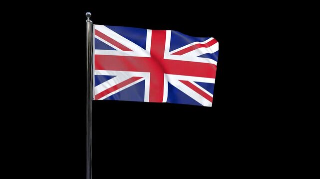 United kingdom flag animation with pole Alpha background. 3d