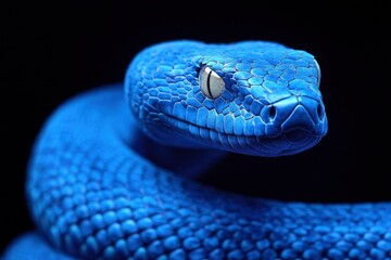 Fototapeta premium 3D Illustration of Blue insularis viper venomous snake isolated in dark black background .generative ai