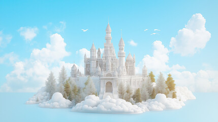 Blueprint castle rendered in 3D paper cut-out design, rounded turrets, and flying buttresses, technical precision