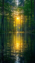 Floating solar panels on a serene lake, capturing sunlight while reflecting in the still water