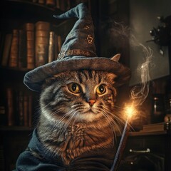 A cat wearing a wizard hat, casting spells. generative ai