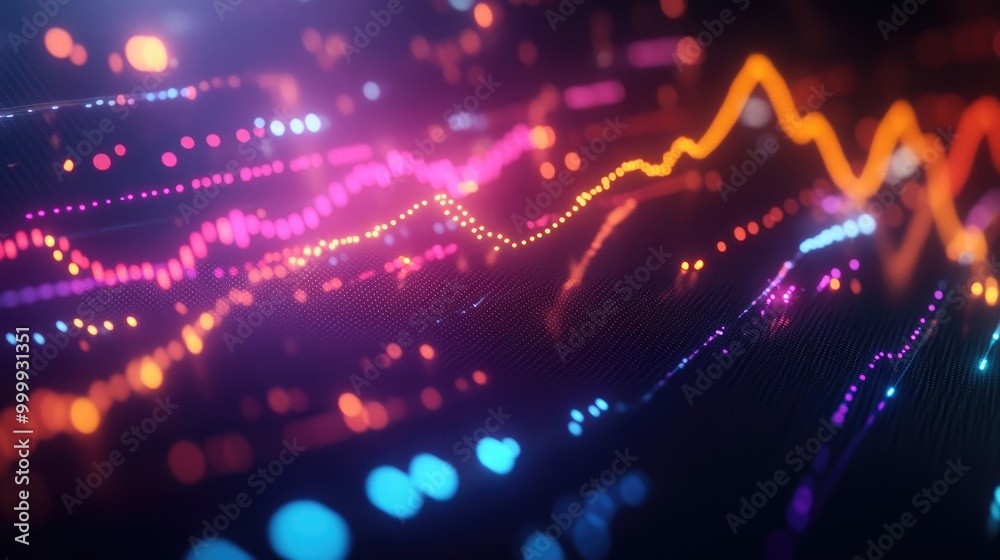 Poster an artistic representation of a 3d line graph showing stock price fluctuations over time, with anima