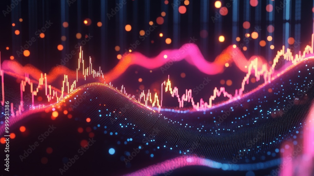 Poster an artistic representation of a 3d line graph showing stock price fluctuations over time, with anima