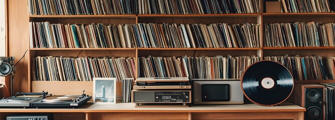 47. A collection of vinyl records on a stylish shelf