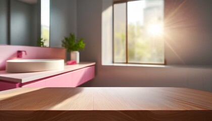 Fototapeta premium Wooden countertop with pink podium against bathroom background. Empty tabletop with a platform for presenting a beauty product. Stand mockup with overlay of sunlight from a window. Stand with sunligh
