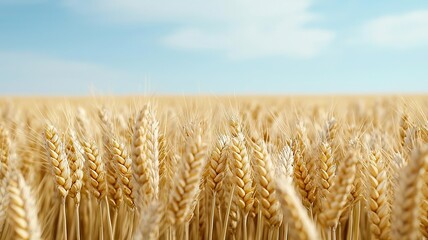 Fototapeta premium A golden wheat field stretches under a clear blue sky, showcasing lush grain ready for harvest, embodying the essence of agriculture and nature's beauty.