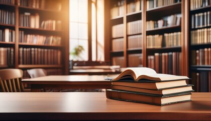 Fototapeta premium Workplace with a not book on the desk, and bookshelf in the library Background.