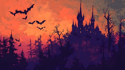 A spooky Halloween night with a castle on a hill bats swirling above witches casting spells from their brooms and ghostly figures lurking near the trees
