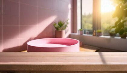 Wooden countertop with pink podium against bathroom background. Empty tabletop with a platform for presenting a beauty product. Stand mockup with overlay of sunlight from a window. Stand with sunligh