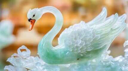 Obraz premium Elegant Jade Swan Figurine Close-Up against Light Museum Background - Graceful Avian Sculpture Detail