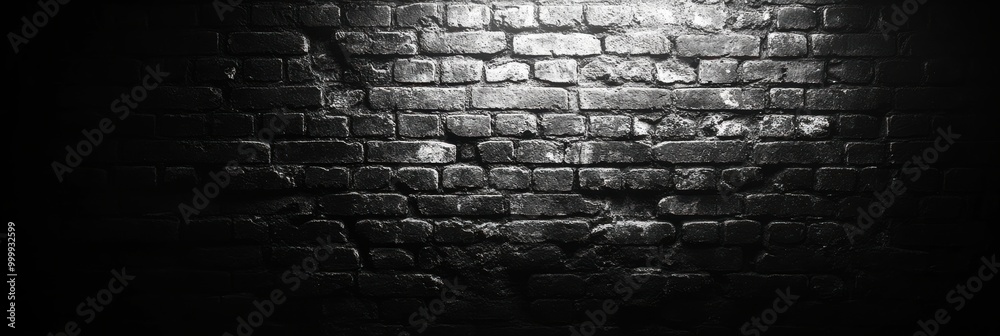Poster a single light source illuminates a weathered brick wall, creating a dramatic contrast between the d