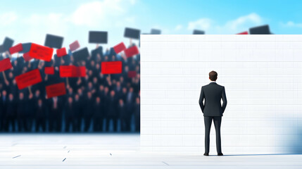 Obraz premium A businessman or executive standing alone in front of a wall of accusing shadows, representing societal condemnation for unethical actions. Laws and penalties for companies with poor governance.