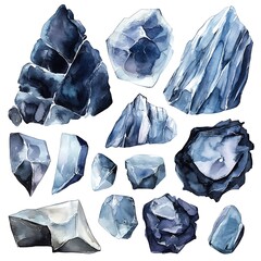 Watercolor Collection of Blue and Gray Stones, Rock Formations, and Crystals.