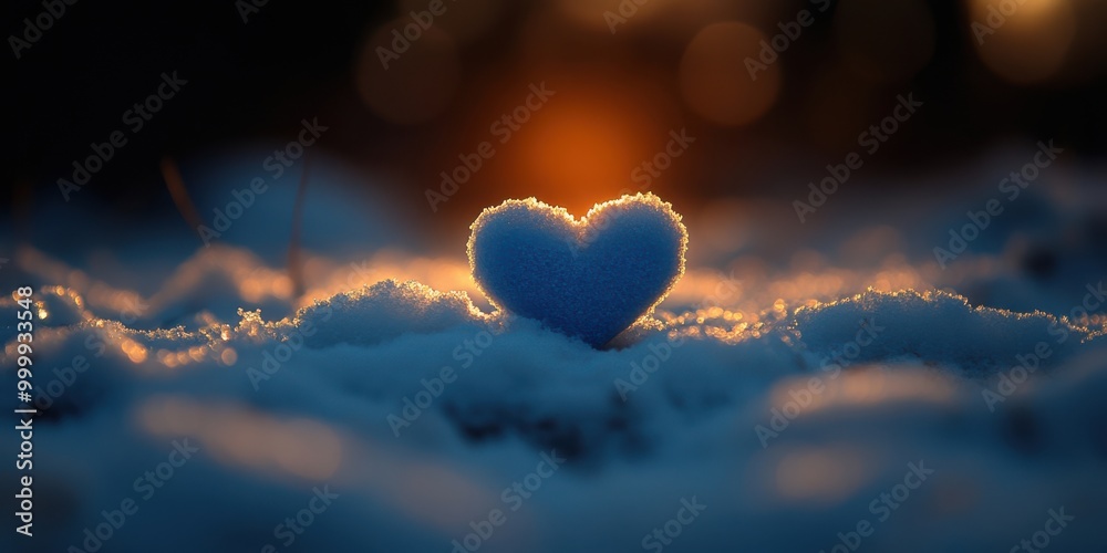 Poster a heart shaped snowdrift, glistening with the warmth of the setting sun, symbolizing a love that end
