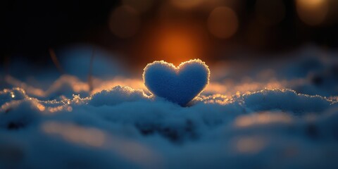 Fototapeta premium A heart shaped snowdrift, glistening with the warmth of the setting sun, symbolizing a love that endures even in the coldest of winters.
