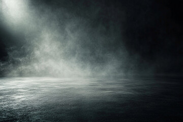 Fondo oscuro abstracto, suelo de hormigón con humo y niebla. Escena vacía para presentación de productos en alta resolución.