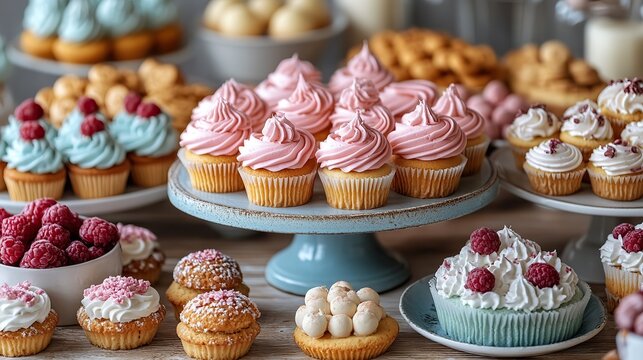 table with various cookies tarts cakes cupcakes and cakepops
