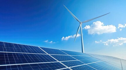 An inspiring image of renewable energy sources like wind turbines and solar panels set against a bright blue sky, showcasing the shift toward sustainable solutions to combat global warming.