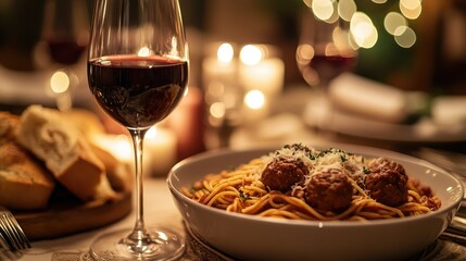 An inviting table set for an Italian dinner, featuring a large bowl of spaghetti with meatballs, garlic bread, and a glass of red wine, creating a warm and festive atmosphere