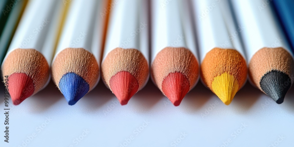 Poster A close-up view of colorful pencils sharpened to a point, showcasing the intricate details of the wood and the vibrant hues of the lead.