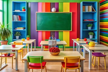 Colorful classroom with chalkboard and books showcasing various educational lessons in progress