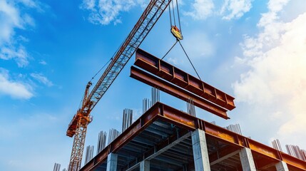 Fototapeta premium Towering Crane Lifting Steel Beams at Urban Construction Site