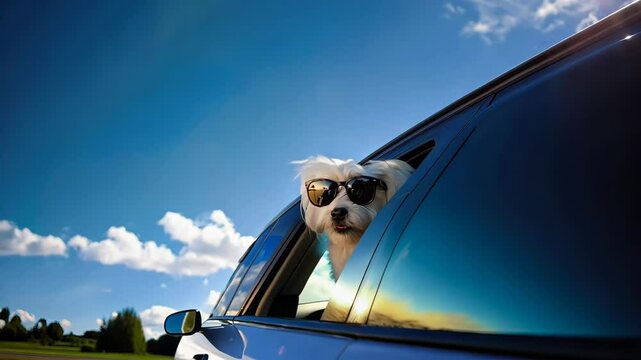 Dog enjoying the breeze with sunglasses on a road trip in a car under a clear blue sky, 4k footage
