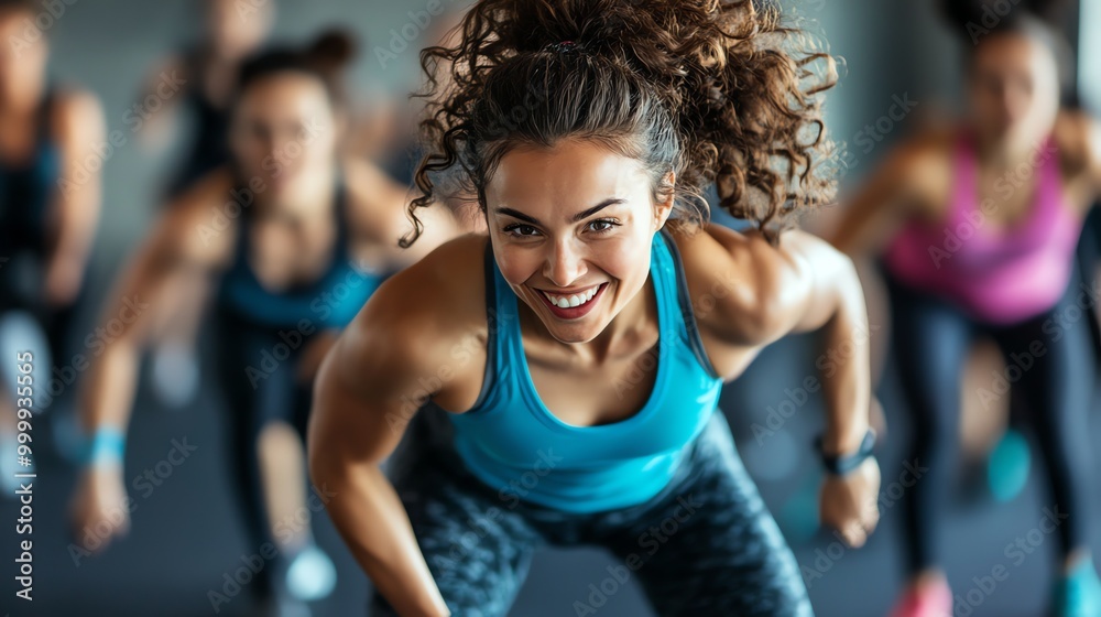 Poster A woman in a blue tank top and black leggings smiles while working out with a group of other people.