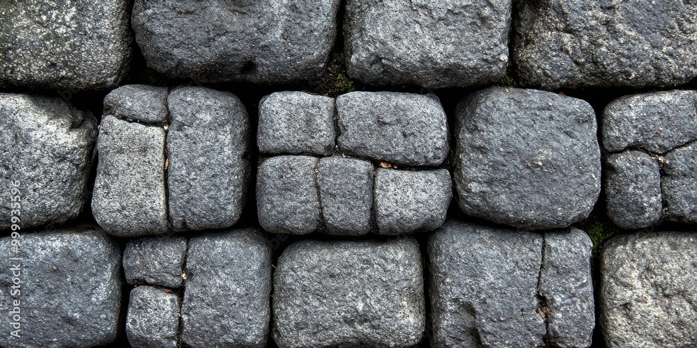Aufkleber a close-up view of a stone wall, displaying a seamless pattern of grey, irregular stones that have b