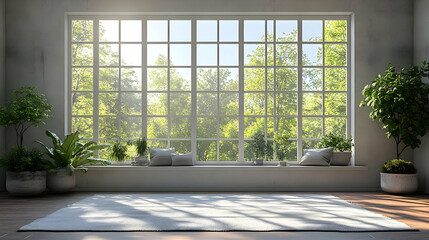 Fototapeta premium Sunbeams Through Large Window in Modern Room with Plants and Rug