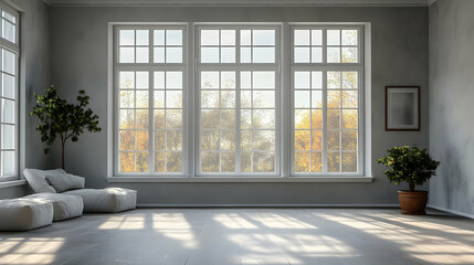 Fototapeta premium Modern Living Room with Large Windows and Sunbeams