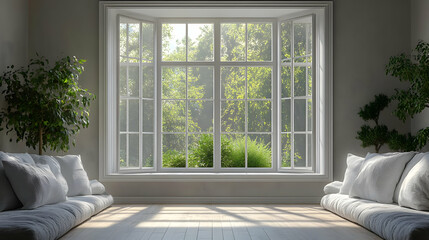 Fototapeta premium Modern Interior Design with Large Windows and Natural Light
