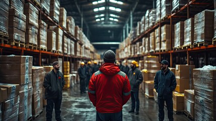 top view of group of workers with manager indoors in warehouse coronavirus concept