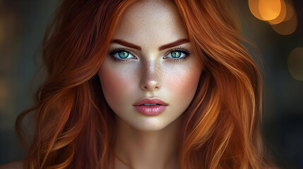 Obraz premium Redhead Beauty with Long Wavy Hair and Green Eyes