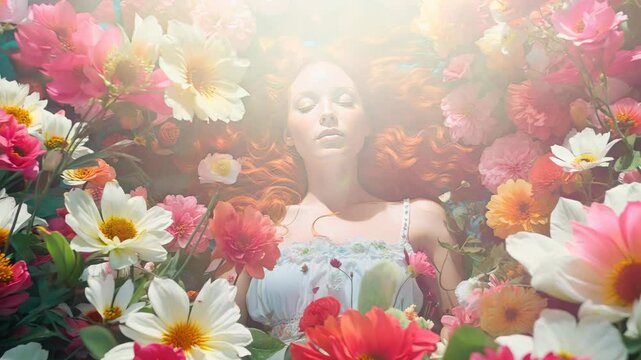 Dreamlike scene of a woman with red hair surrounded by vibrant spring flowers in serene garden, 4k footage