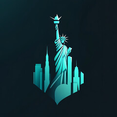 Logo design featuring the iconic skyline of New York City, showcasing elements like skyscrapers, bridges, and the Statue of Liberty, vibrant urban colors.