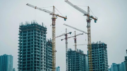 Fototapeta premium Cranes Towering Over Skyscrapers in a Thriving Urban Landscape