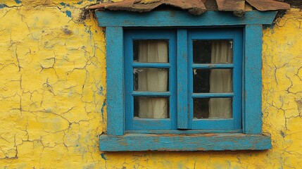 A weathered blue window frame with faded paint, set against a backdrop of cracked and peeling yellow paint