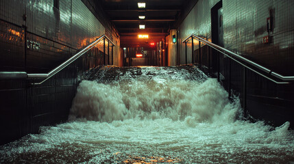 Flooding water rushing into subway entrance creates dramatic scene of chaos and urgency. powerful flow highlights impact of heavy rain or burst pipe, emphasizing need for safety