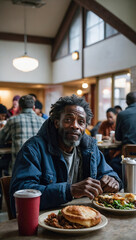 A reflective moment for a homeless man, enjoying a meal amidst the bustling crowd at a community shelter.