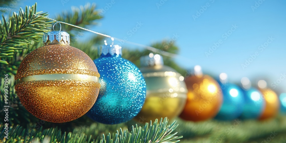 Poster a festive garland of sparkling ornaments adorns a lush evergreen branch against a backdrop of a clea