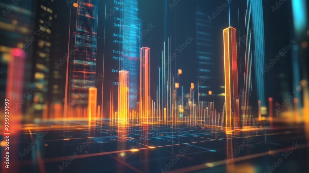 Poster A 3D bar graph with transparent glass-like bars rising to different heights, representing financial growth on a dark, futuristic grid.