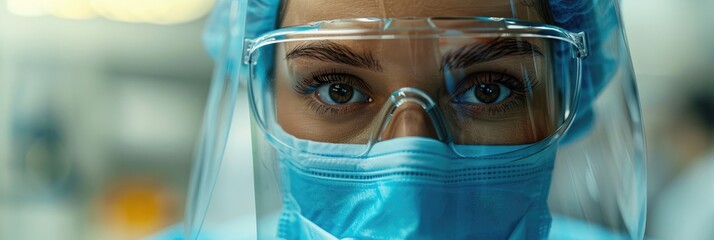 Close up of a woman's eye with a protective face shield and mask.