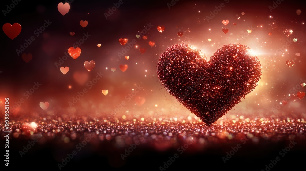 Poster A sparkling red heart formed from glitter rests on a shimmering background of red and gold light, surrounded by smaller hearts floating in the air.