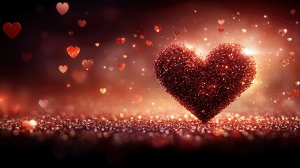 A sparkling red heart formed from glitter rests on a shimmering background of red and gold light, surrounded by smaller hearts floating in the air.