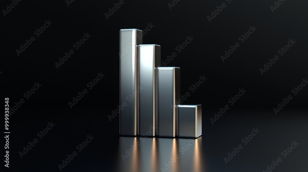 Aufkleber A 3D financial bar graph with metallic bars, representing revenue comparison between different companies, placed on a reflective surface with a sleek black background.