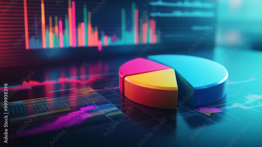 Aufkleber a 3d financial pie chart with vibrant colors, representing different revenue streams, set against a 